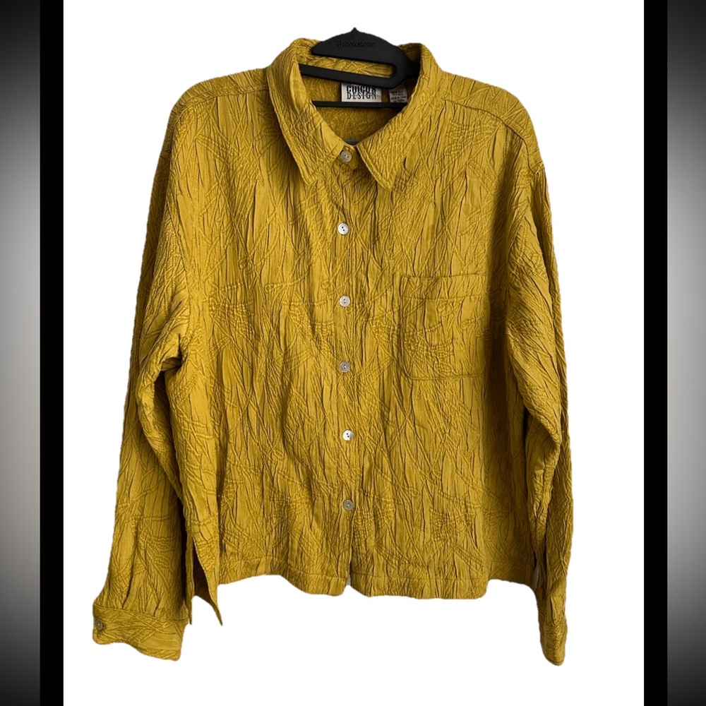 CHICOS Women’s Chartreuse Textured Silk Wool Long SL Button Blouse Sz 16